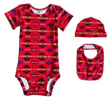 Load image into Gallery viewer, 3 pc. Onesie Set- Includes Onesie, Bib, and Soft Beanie. 18 months.
