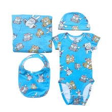 Load image into Gallery viewer, Baby Gift Set- Includes Onesie, Bib, Soft Cap, and Blanket. 6 months.
