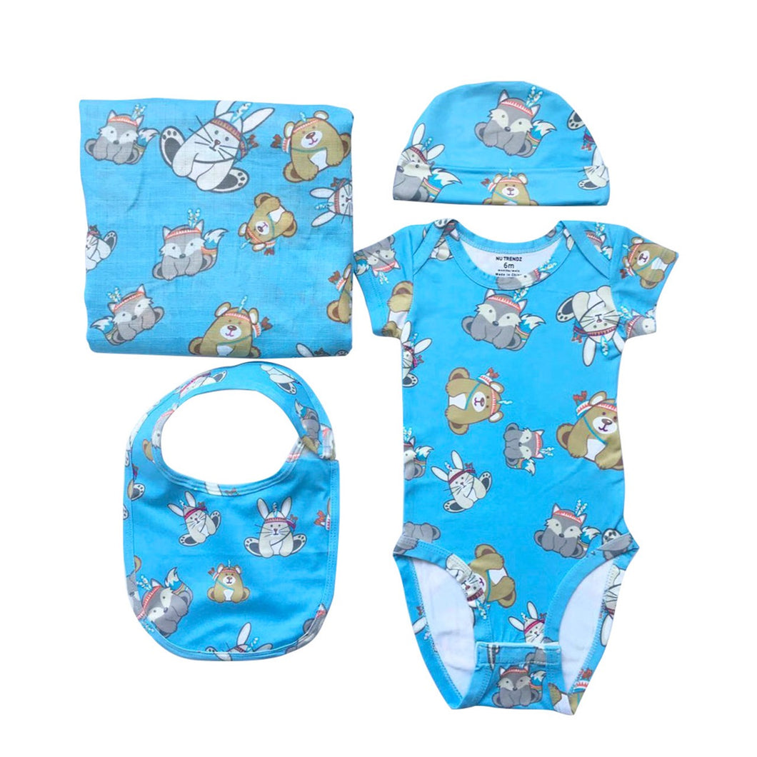 Baby Gift Set- Includes Onesie, Bib, Soft Cap, and Blanket. 6 months.