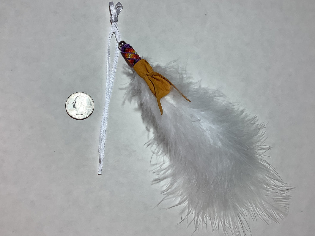 Beaded White Fluff Feather with (Simulated)Medicine Pouch