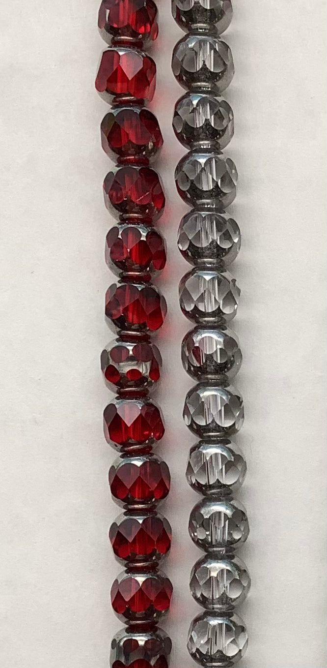 8mm Facited Beads Silver Tops, Red, Crystal